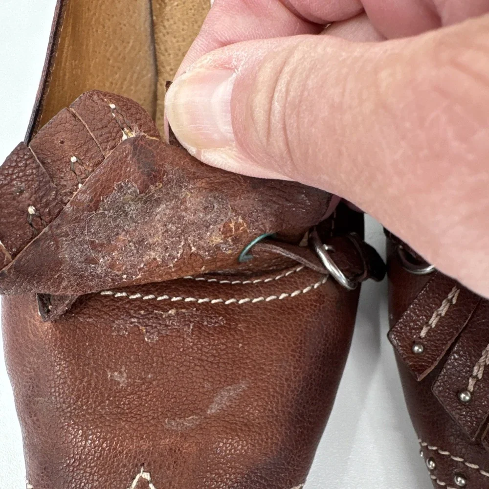 Ballin VTG Brown‎ Leather Kitten Heel 37.5 Italy Studded Fringe Metal Classic